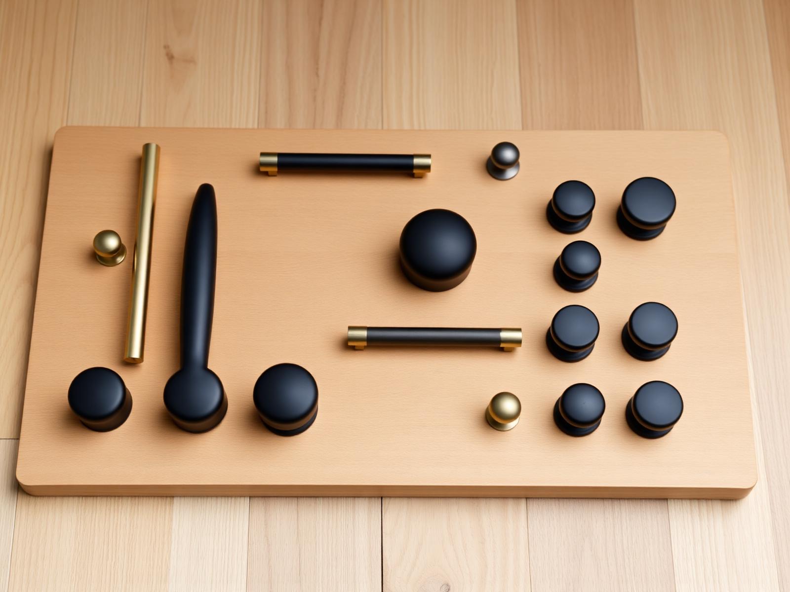 Unlacquered brass pulls and matte black knobs arranged on raw oak